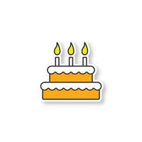 Birthday cake patch. Holiday sweet cake with candles and icing. Pastry product. Color sticker. Vector isolated illustration