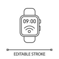 NFC smartwatch linear icon. Near field communication. Thin line illustration. Smart wristwatch. Contactless technology. Contour symbol. Vector isolated outline drawing. Editable stroke