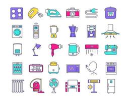 Household appliance color icons set. Home and kitchen electronics. Domestic technology. Refrigerator, vacuum cleaner, washing machine, mixer, dishwasher, oven, stove. Isolated vector illustrations