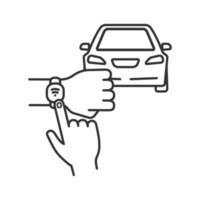 NFC car linear icon. NFC bracelet auto key. Thin line illustration. Smart automobile. Near field communication auto control. Contour symbol. Vector isolated outline drawing. Editable stroke