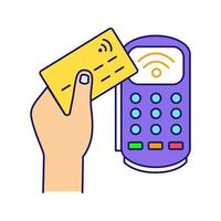 icono de color del terminal de pago. terminal pos. pago nfc transacción sin contacto. Cerca de un campo de comunicación. pago electrónico. ilustración vectorial aislada vector