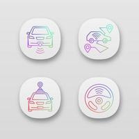 Smart cars app icons set. NFC autos. Intelligent vehicles. Self driving automobiles. Autonomous cars. Driverless vehicles. UI UX interface. Web or mobile applications. Vector isolated illustrations