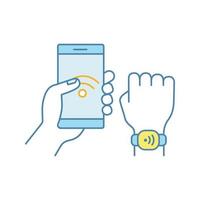 NFC bracelet connected to smartphone color icon. NFC phone synchronized with smartwatch. Near field communication.RFID wristband. Isolated vector illustration