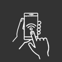 Hands holding NFC smartphone chalk icon. NFC phone. Near field communication. Mobile phone contactless payment. Wifi connection. Isolated vector chalkboard illustration