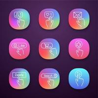 App buttons icons set. Click. New follower, likes counter, message, like, buy, thumb up, delete, search, play. UI UX user interface. Web or mobile applications. Vector isolated illustrations