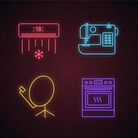 Household appliance neon light icons set. Air conditioner, sewing machine, satellite dish, kitchen stove. Glowing signs. Vector isolated illustrations