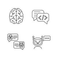 Chatbots linear icons set. Thin line contour symbols. Virtual assistants. Code, messenger, support, chat bots. Modern robots. Digital brain. Isolated vector outline illustrations. Editable stroke