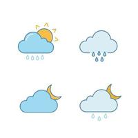 conjunto de iconos de colores de pronóstico del tiempo. lluvia con sol, tiempo lluvioso, noche nublada, llovizna y chubasco disperso. ilustraciones de vectores aislados