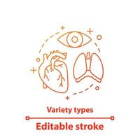 Internal organs concept icon. Human anatomy idea thin line illustration. Medicine and healthcare. Lungs, heart, eye. Vector isolated outline drawing. Editable stroke