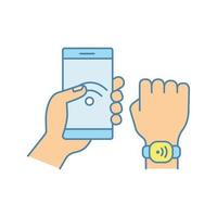 NFC bracelet connected to smartphone color icon. NFC phone synchronized with smartwatch. Near field communication.RFID wristband. Isolated vector illustration