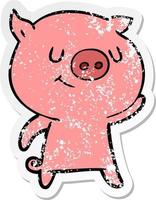 distressed sticker of a happy cartoon pig vector