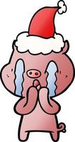 crying pig gradient cartoon of a wearing santa hat vector