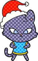 cute comic book style illustration of a cat wearing santa hat vector
