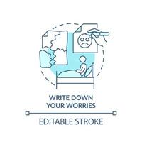Write down your worries turquoise concept icon. Sleep pattern. Improve mental health abstract idea thin line illustration. Isolated outline drawing. Editable stroke. vector