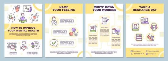 How to improve your mental health yellow brochure template. Leaflet design with linear icons. 4 vector layouts for presentation, annual reports.