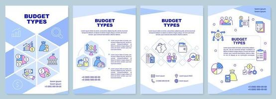 Budget types brochure template. Financial program and plan. Leaflet design with linear icons. 4 vector layouts for presentation, annual reports.