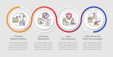 Actions to stay safe during war loop infographic template. Survive steps. Data visualization with 4 steps. Process timeline info chart. Workflow layout with line icons. vector