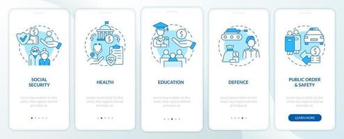 pantalla azul de la aplicación móvil de incorporación de gastos presupuestarios. estado, tutorial del gobierno 5 pasos páginas de instrucciones gráficas con conceptos lineales. interfaz de usuario, ux, plantilla de interfaz gráfica de usuario. vector