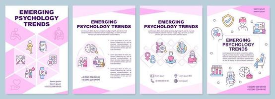 Emerging psychology trends pink brochure template. Mental health. Leaflet design with linear icons. 4 vector layouts for presentation, annual reports.