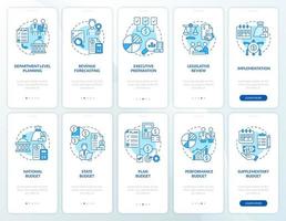 conjunto de pantalla de aplicación móvil de incorporación azul de presupuesto estatal y gubernamental. tutorial 5 pasos páginas de instrucciones gráficas con conceptos lineales. interfaz de usuario, ux, plantilla de interfaz gráfica de usuario. vector