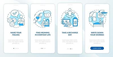 Improving mental health blue onboarding mobile app screen. Psychotherapy walkthrough 4 steps graphic instructions pages with linear concepts. UI, UX, GUI template. vector