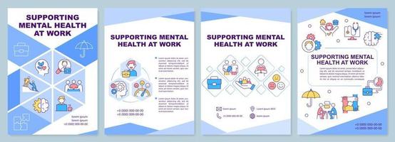 Supporting mental health at work blue brochure template. Keep balance. Leaflet design with linear icons. 4 vector layouts for presentation, annual reports.