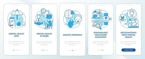 Tendencias de mejora de la salud mental Pantalla azul de la aplicación móvil de incorporación. tutorial de terapia 5 pasos páginas de instrucciones gráficas con conceptos lineales. interfaz de usuario, ux, plantilla de interfaz gráfica de usuario. vector