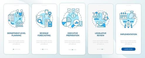 Budgeting process blue onboarding mobile app screen. Implementation walkthrough 5 steps graphic instructions pages with linear concepts. UI, UX, GUI template. vector