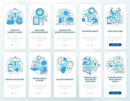 Trends in psychology blue onboarding mobile app screen set. Mental health walkthrough 5 steps graphic instructions pages with linear concepts. UI, UX, GUI template. vector