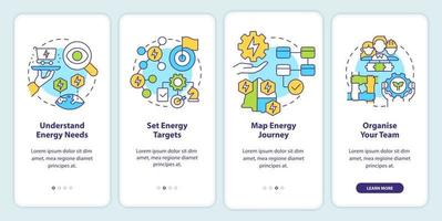 Steps to energy strategy onboarding mobile app screen. Understand needs walkthrough 4 steps graphic instructions pages with linear concepts. UI, UX, GUI template. vector