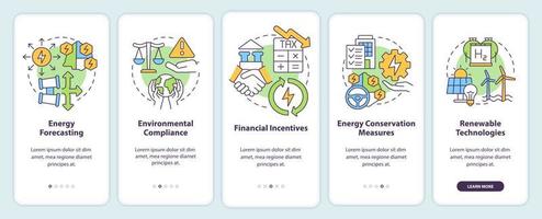 pantalla de aplicación móvil de incorporación de planificación energética estratégica. Recorrido de previsión de 5 pasos, páginas de instrucciones gráficas con conceptos lineales. interfaz de usuario, ux, plantilla de interfaz gráfica de usuario. vector