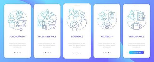 Product needs blue gradient onboarding mobile app screen. Goods, service walkthrough 5 steps graphic instructions pages with linear concepts. UI, UX, GUI template. vector