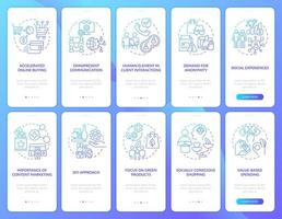 Customer needs blue gradient onboarding mobile app screen set. Walkthrough 5 steps graphic instructions pages with linear concepts. UI, UX, GUI template. vector