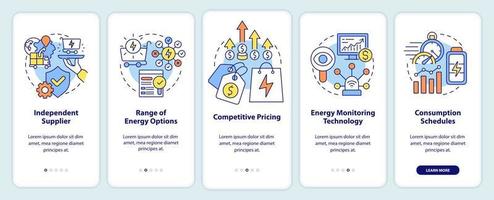 partes clave de la estrategia energética incorporando la pantalla de la aplicación móvil. tutorial de consumo 5 pasos páginas de instrucciones gráficas con conceptos lineales. interfaz de usuario, ux, plantilla de interfaz gráfica de usuario. vector