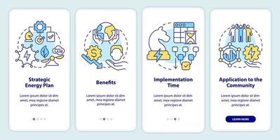 pantalla de aplicación móvil de incorporación de planificación energética. tutorial de tiempo de implementación páginas de instrucciones gráficas de 4 pasos con conceptos lineales. interfaz de usuario, ux, plantilla de interfaz gráfica de usuario. vector