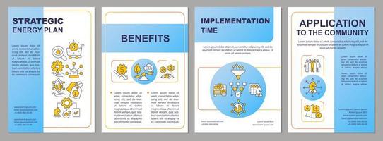 Successful energy plan blue brochure template. Application to community. Leaflet design with linear icons. 4 vector layouts for presentation, annual reports.
