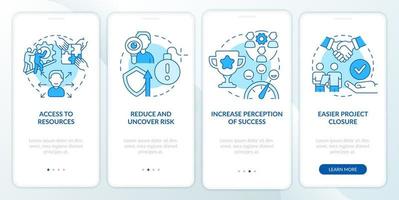 Benefits of stakeholder management blue onboarding mobile app screen. Walkthrough 4 steps graphic instructions pages with linear concepts. UI, UX, GUI template. vector