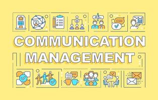 Communication management word concepts yellow banner. Colleagues interaction. Infographics with icons on color background. Isolated typography. Vector illustration with text.