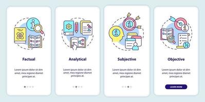 Information types onboarding mobile app screen. Factual and analytical walkthrough 4 steps graphic instructions pages with linear concepts. UI, UX, GUI template. vector