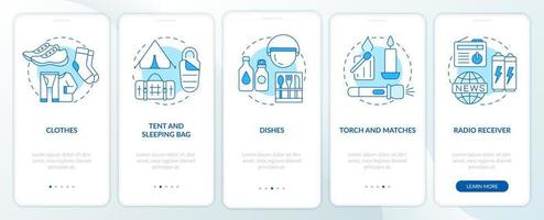 Things to put in surviving backpack blue onboarding mobile app screen. Walkthrough 5 steps graphic instructions pages with linear concepts. UI, UX, GUI template. vector
