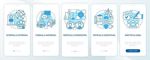 Project communication management blue onboarding mobile app screen. Walkthrough 5 steps graphic instructions pages with linear concepts. UI, UX, GUI template. vector