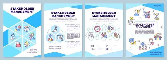 Stakeholder management brochure template. Effective cooperation. Leaflet design with linear icons. 4 vector layouts for presentation, annual reports.