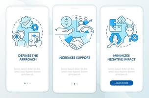 Stakeholder management plan blue onboarding mobile app screen. Walkthrough 3 steps graphic instructions pages with linear concepts. UI, UX, GUI template. vector