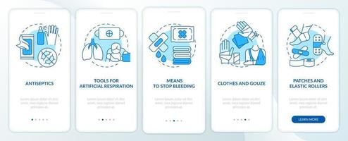 First aid kit blue onboarding mobile app screen. Surviving at war walkthrough 5 steps graphic instructions pages with linear concepts. UI, UX, GUI template. vector