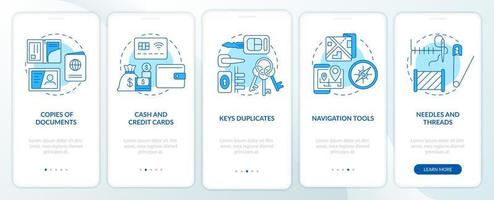 Essential things to pack blue onboarding mobile app screen. War actions walkthrough 5 steps graphic instructions pages with linear concepts. UI, UX, GUI template. vector