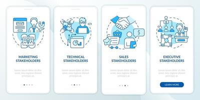 Types of stakeholders blue onboarding mobile app screen. Partnership walkthrough 4 steps graphic instructions pages with linear concepts. UI, UX, GUI template. vector