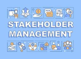 Stakeholders management word concepts blue banner. Business partnership. Infographics with icons on color background. Isolated typography. Vector illustration with text.