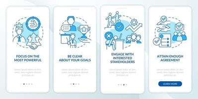 Stakeholders engagement blue onboarding mobile app screen. Walkthrough 4 steps graphic instructions pages with linear concepts. UI, UX, GUI template. vector