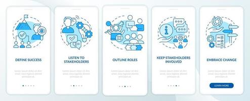 Effective stakeholder management blue onboarding mobile app screen. Walkthrough 5 steps graphic instructions pages with linear concepts. UI, UX, GUI template. vector