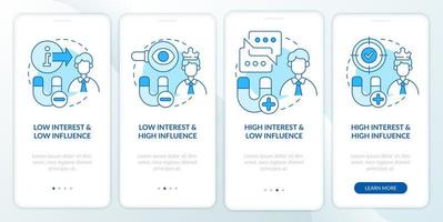Stakeholder mapping blue onboarding mobile app screen. Visual analysis walkthrough 4 steps graphic instructions pages with linear concepts. UI, UX, GUI template. vector